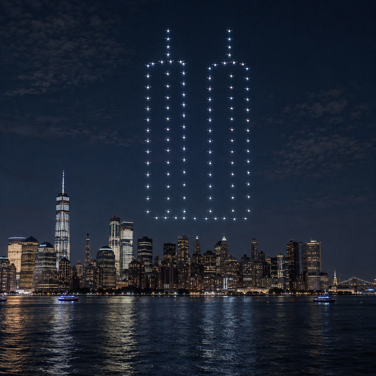 Nighttime drone light show forming the outline of twin skyscrapers above a harbor skyline