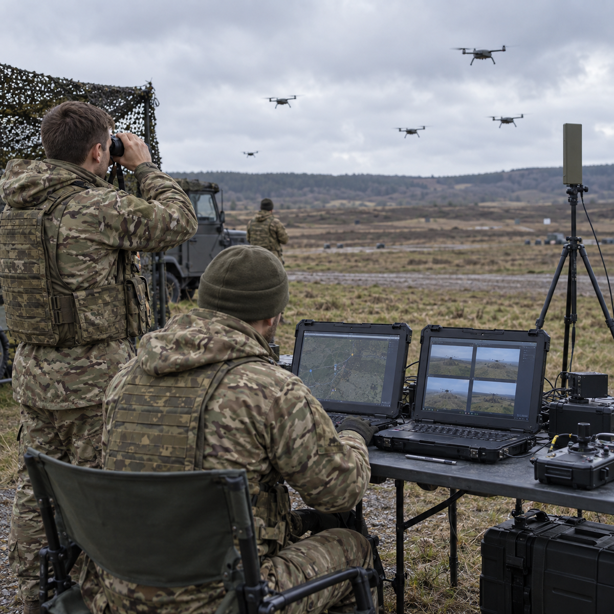 Engineers monitoring a coordinated group of small unmanned aircraft during a British Army technology trial