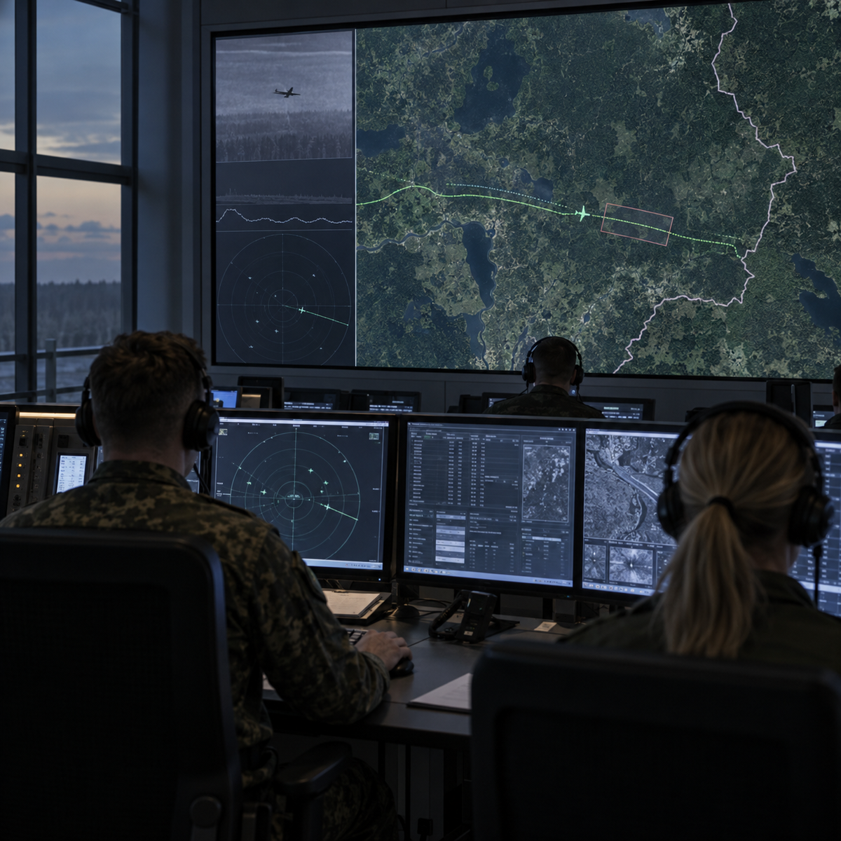 Generic Baltic air-surveillance operations room tracking a low-altitude drone near a forested border