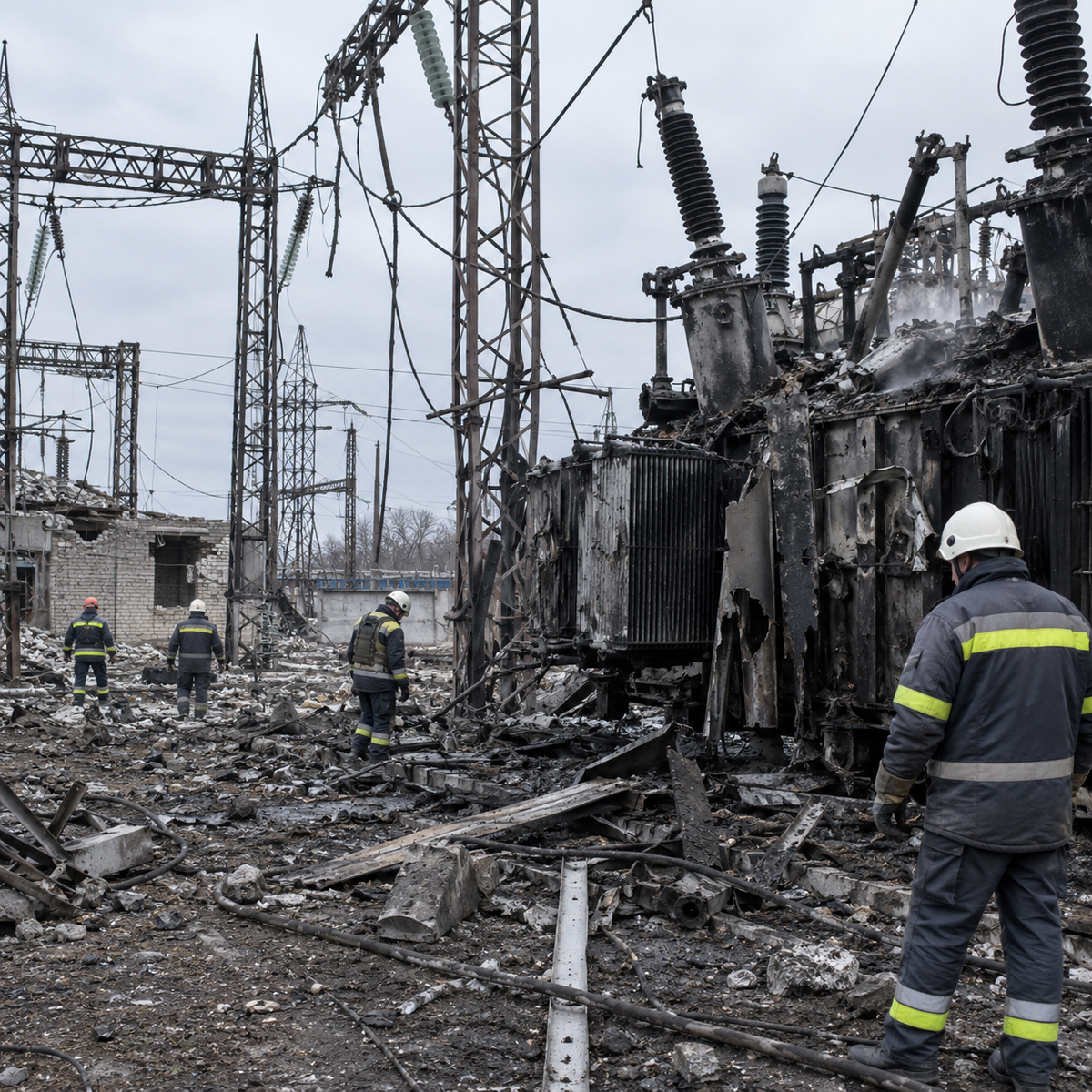 Repair crews inspecting damaged Ukrainian electricity infrastructure after an overnight aerial attack