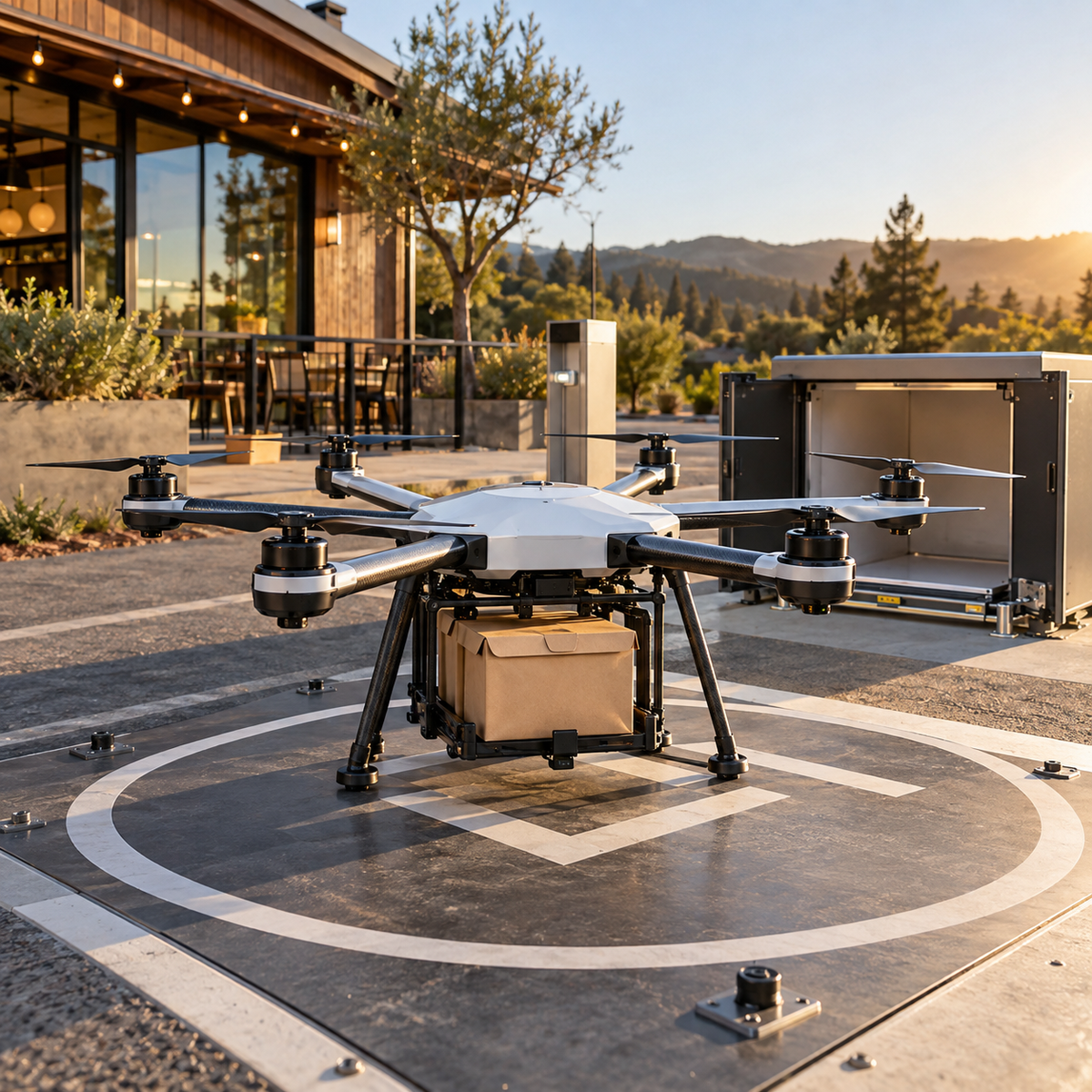 Six-rotor food delivery drone on a restaurant landing pad beside a loading station