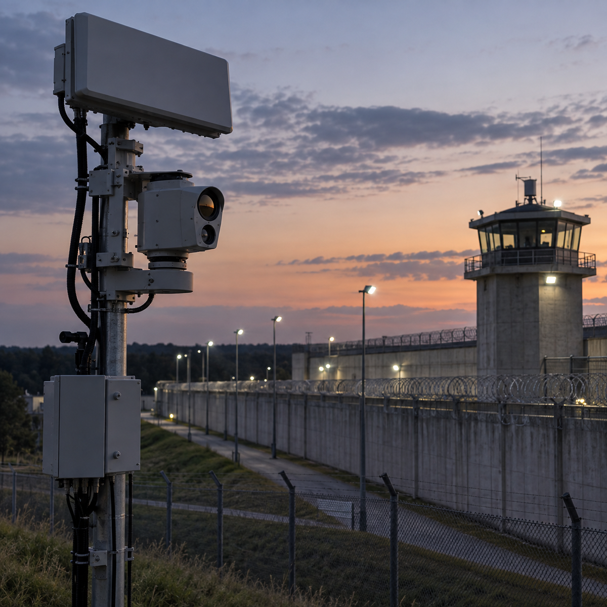 Counter-drone sensors monitoring a secure prison perimeter at dusk