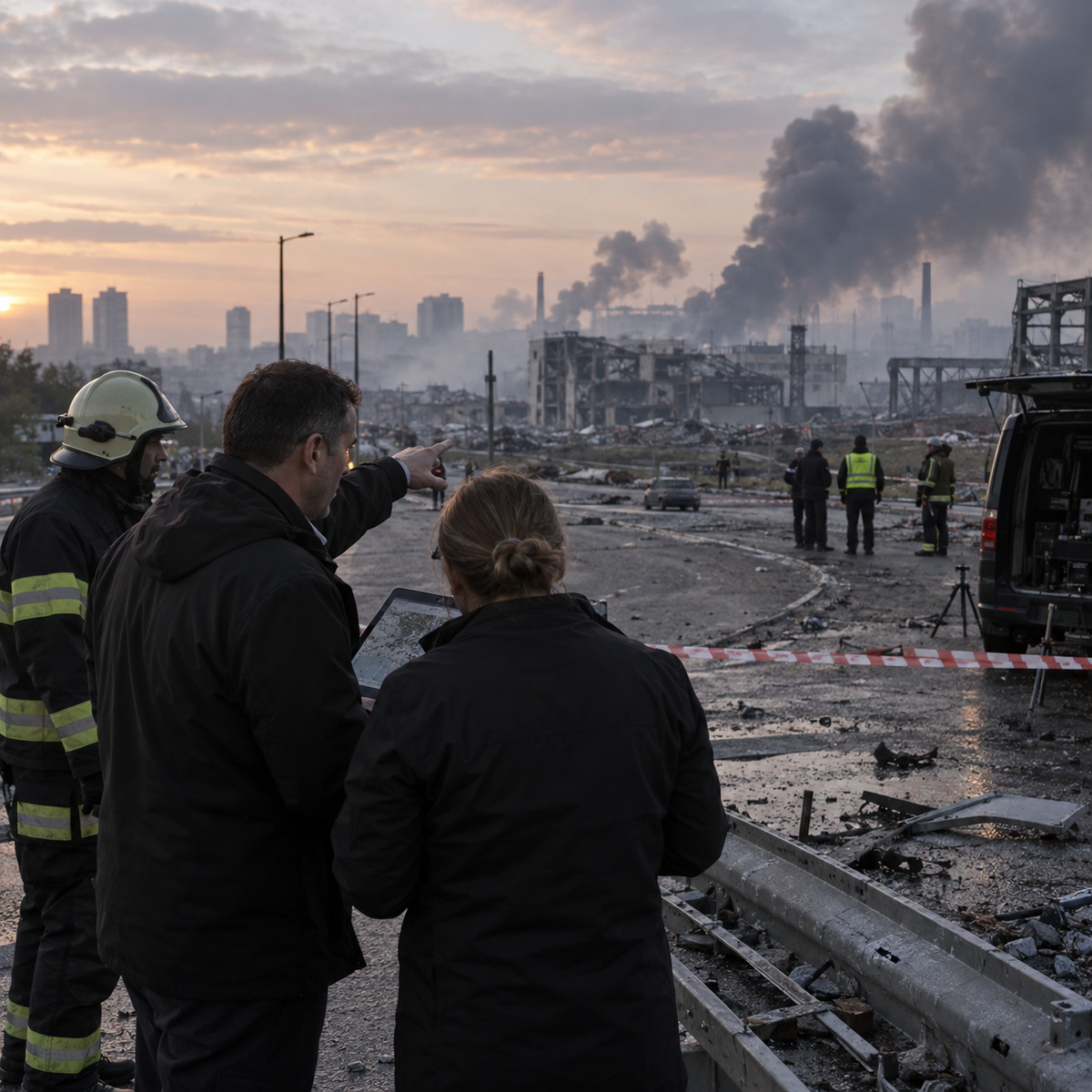 Emergency responders and analysts reviewing the aftermath of a large overnight drone attack near an urban industrial area