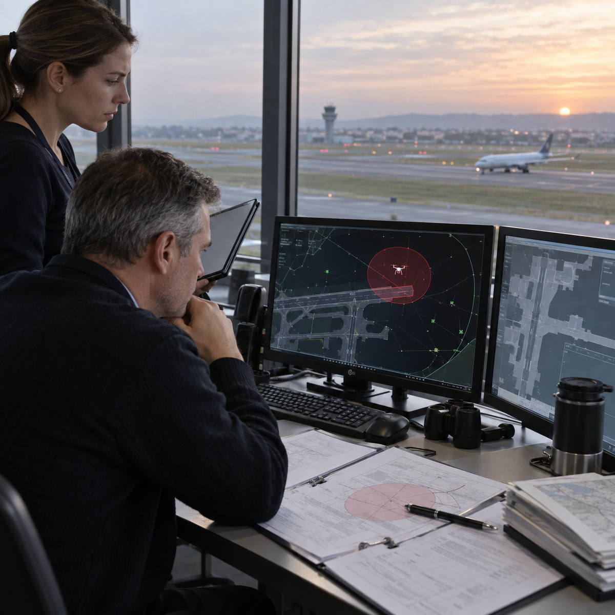 Airport operations staff reviewing a temporary drone-related airspace closure near a European runway