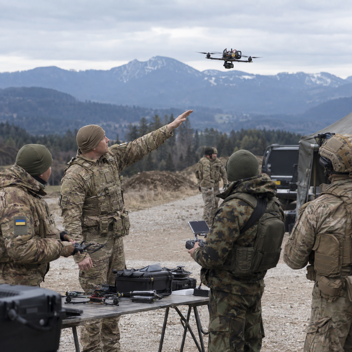 Military instructors and soldiers preparing small FPV drones during a field exercise in Germany