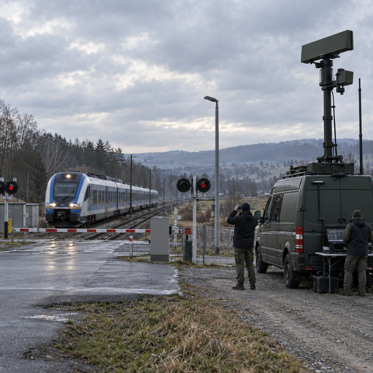 Air-defense and drone-monitoring equipment positioned near a railway border crossing in Europe