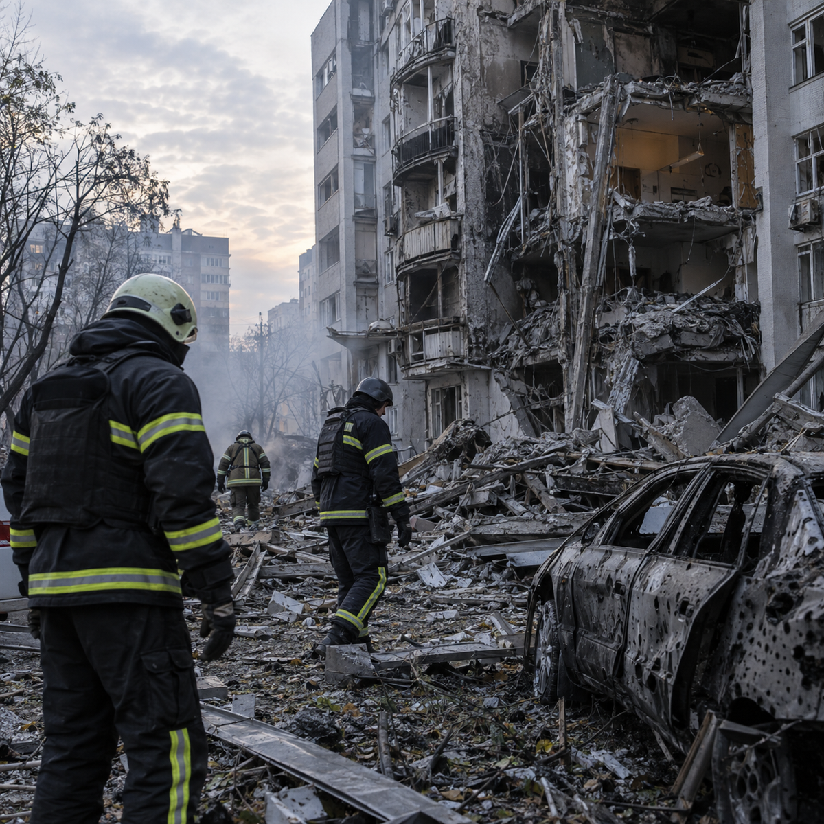 Emergency responders examining damage after an overnight drone strike in an urban area