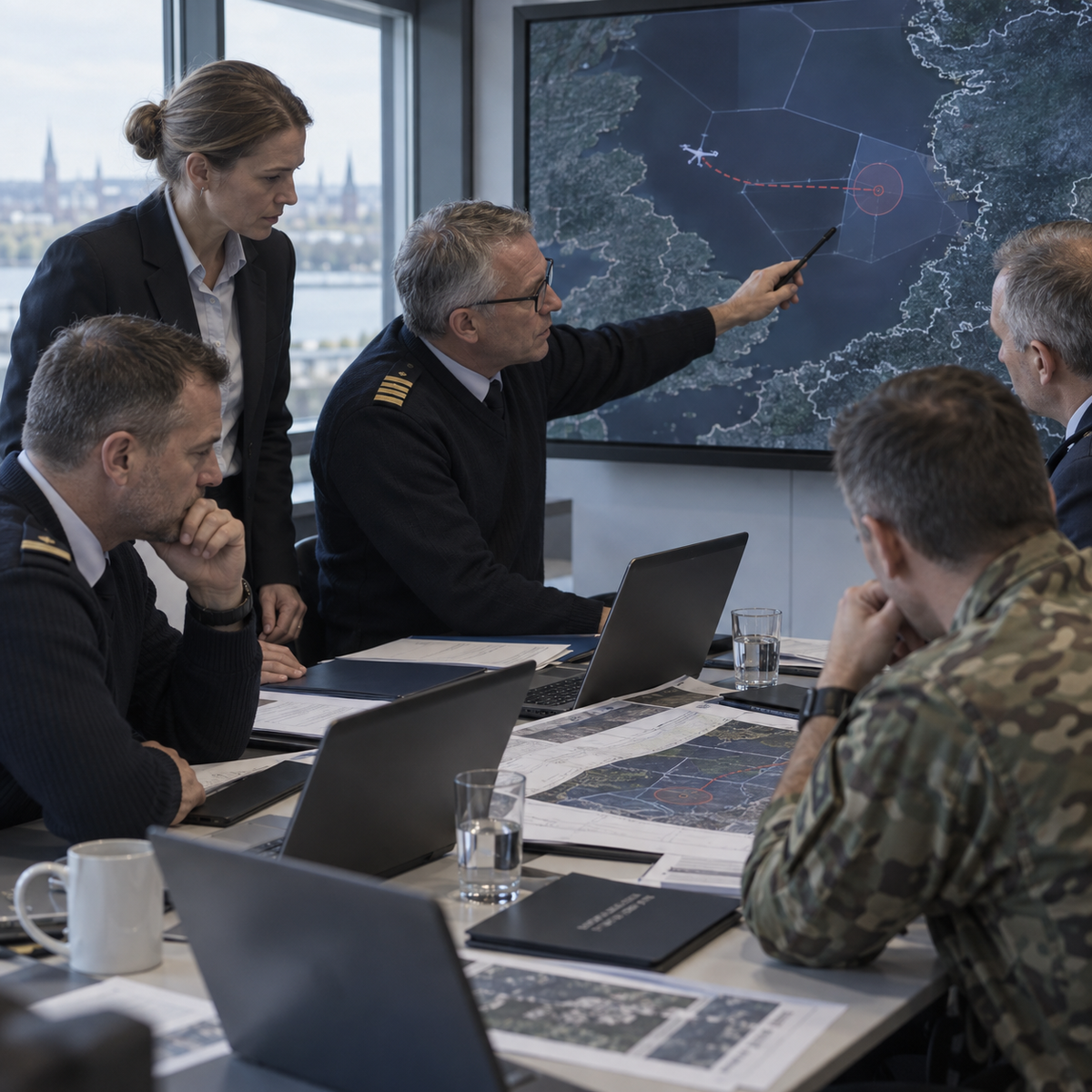 European security officials reviewing a shared airspace incident map with a small drone track