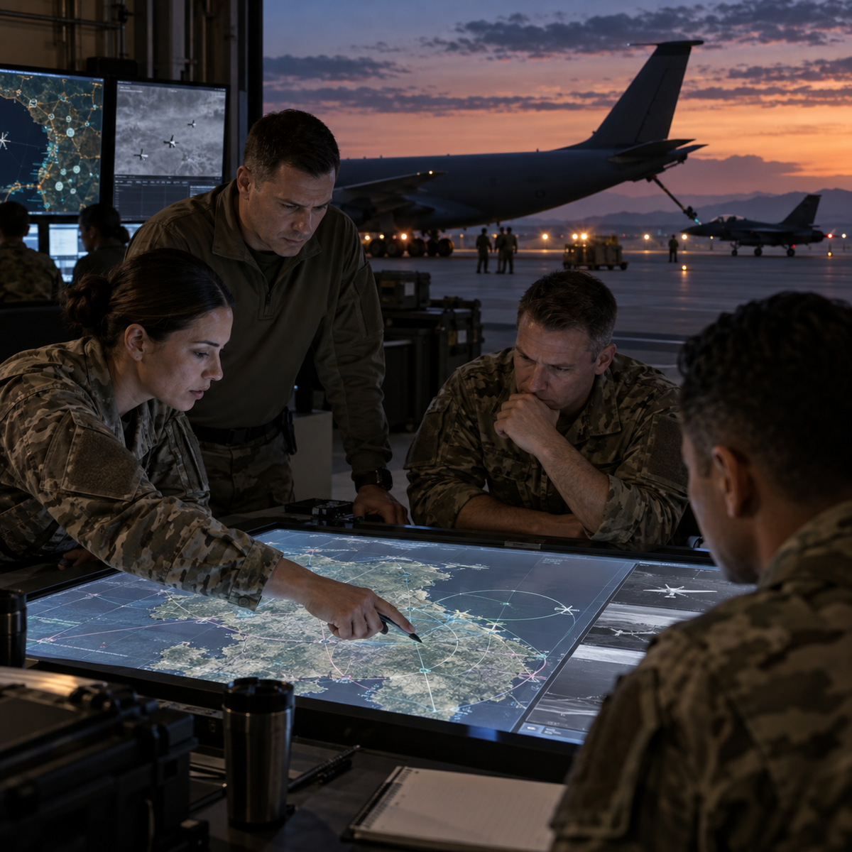 Military planners reviewing regional drone-defense coverage beside an aerial-refueling aircraft at dusk