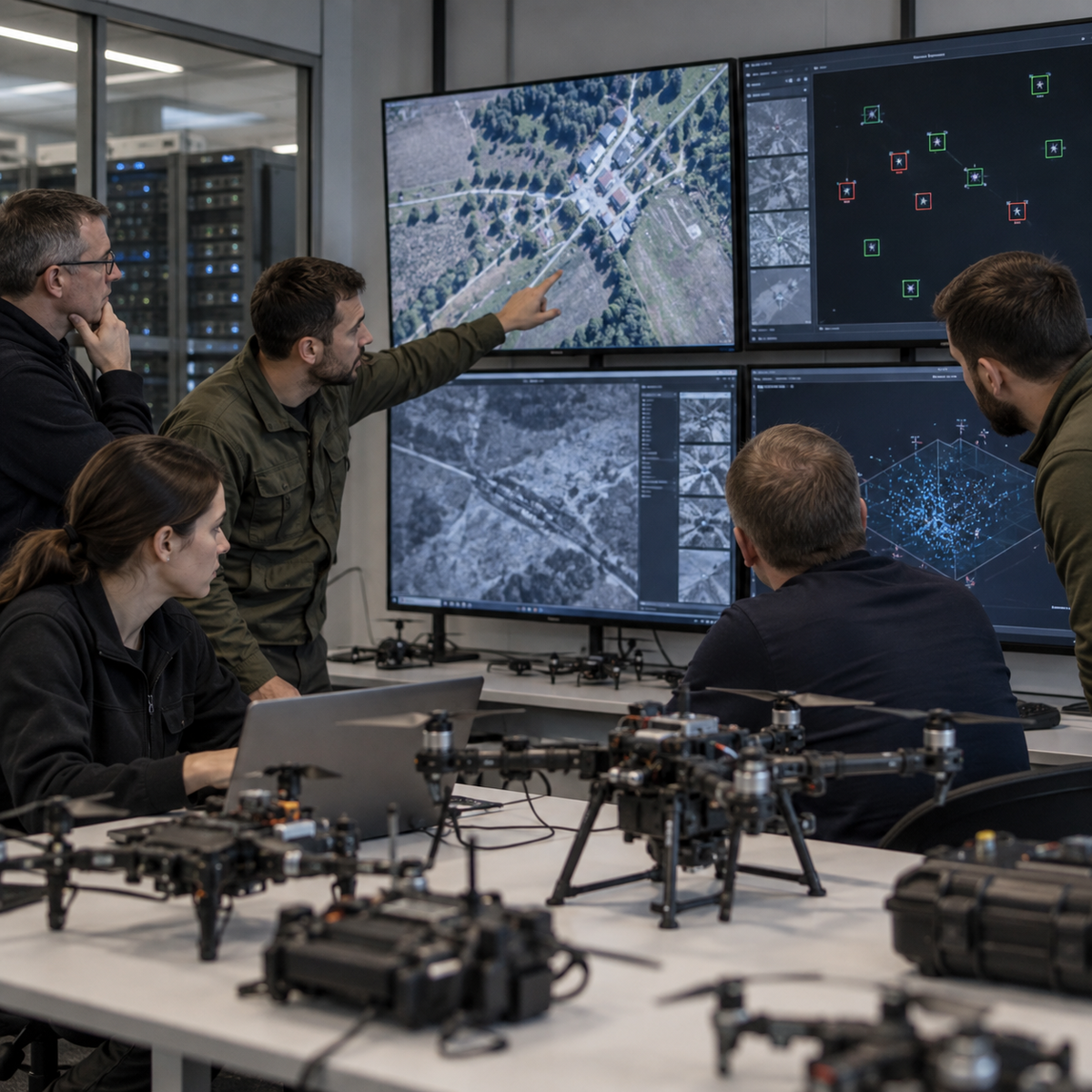 Engineers testing coordinated autonomous drones beside a secure data and mission-control workspace