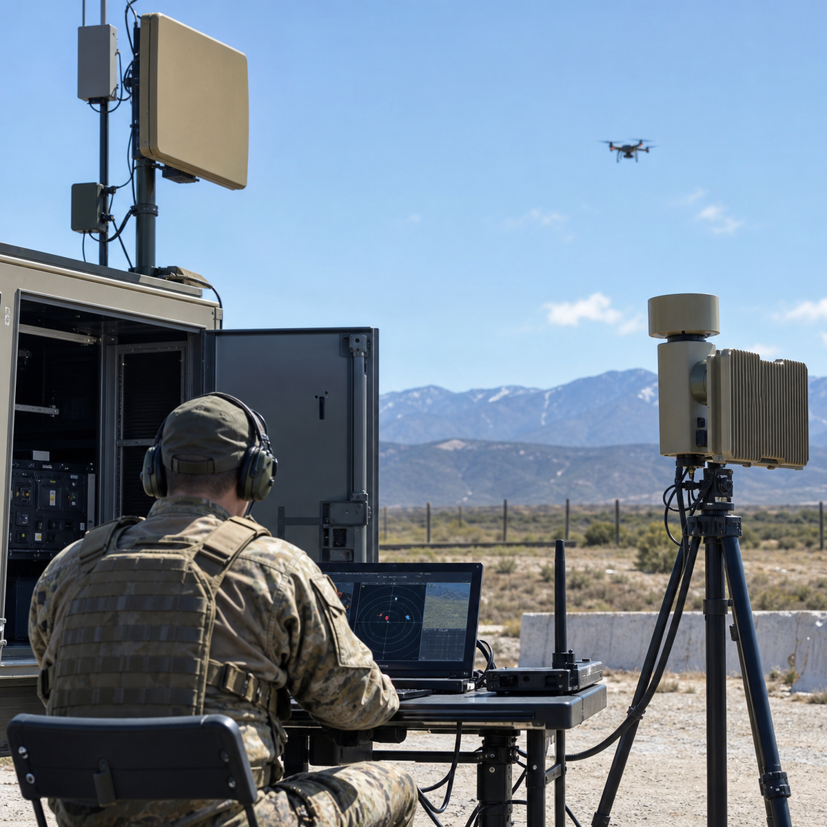 Mobile counter-drone electronic warfare system monitoring a test range with a small UAV in the distance
