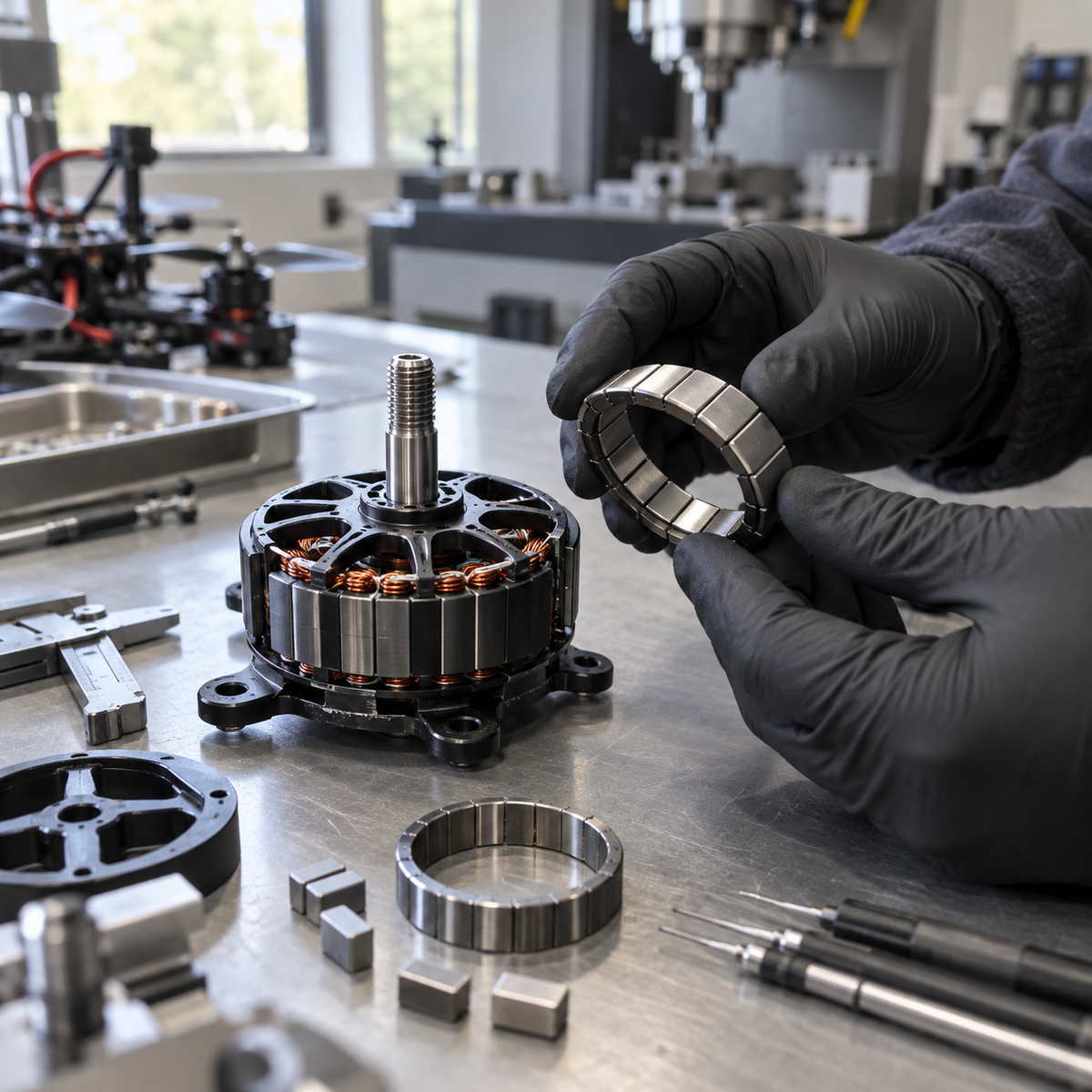Brushless drone motor components and rare-earth magnet samples on an engineering workbench