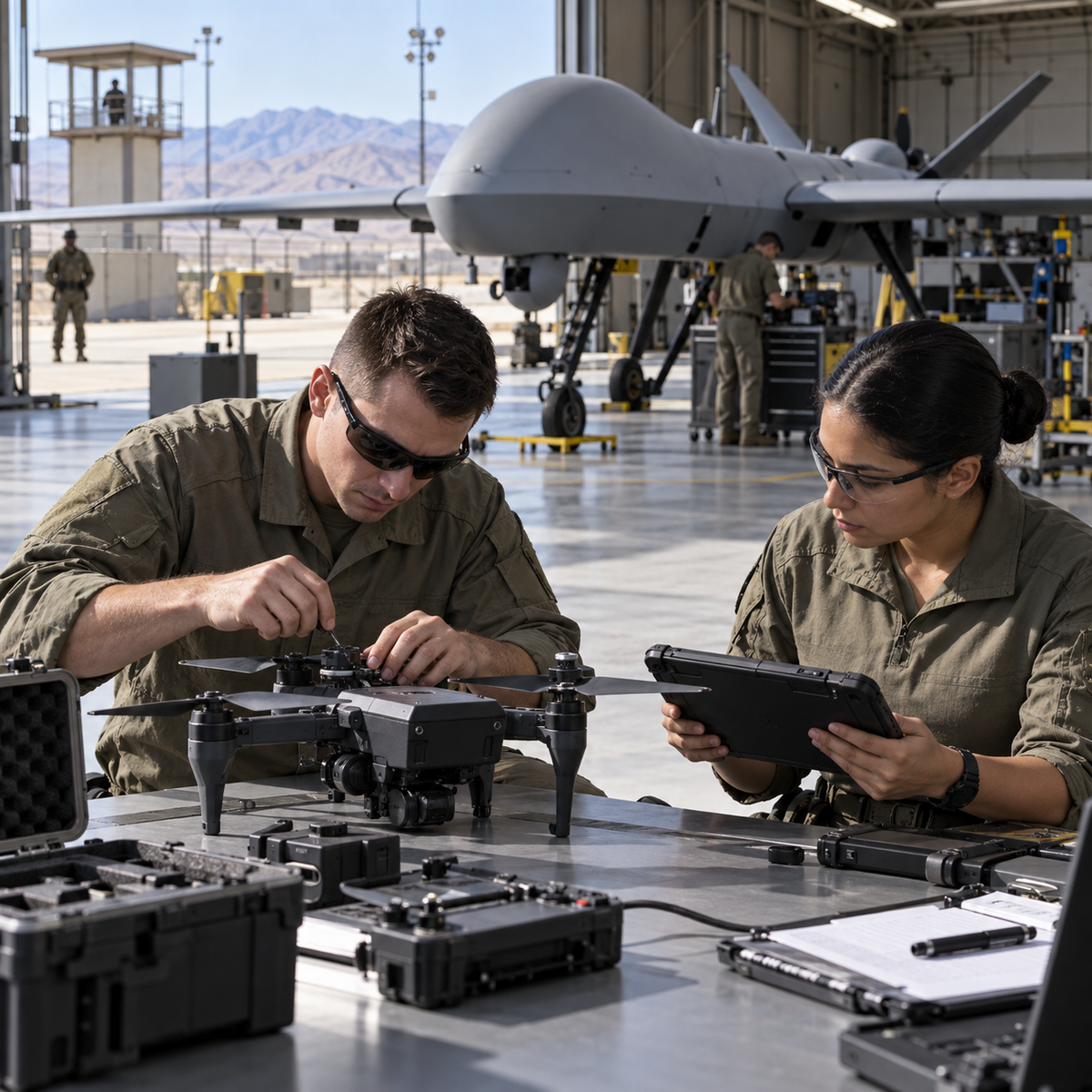Military technicians evaluating a small drone in an unmanned aircraft hangar