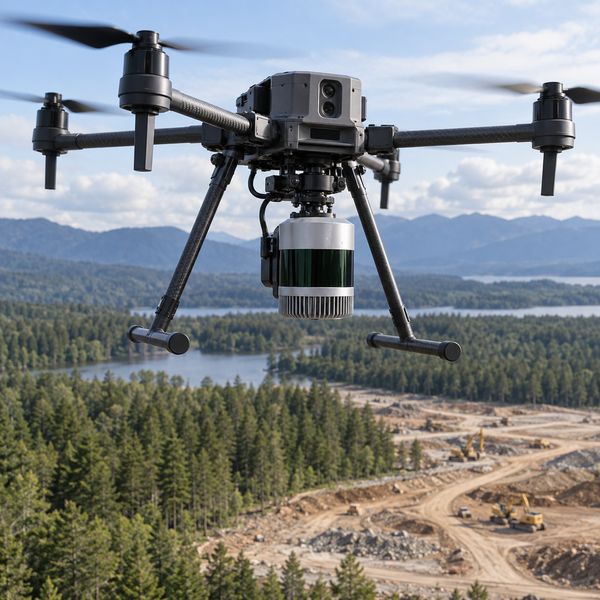 Lightweight UAV LiDAR sensor mounted beneath a mapping drone above a forest and construction survey area