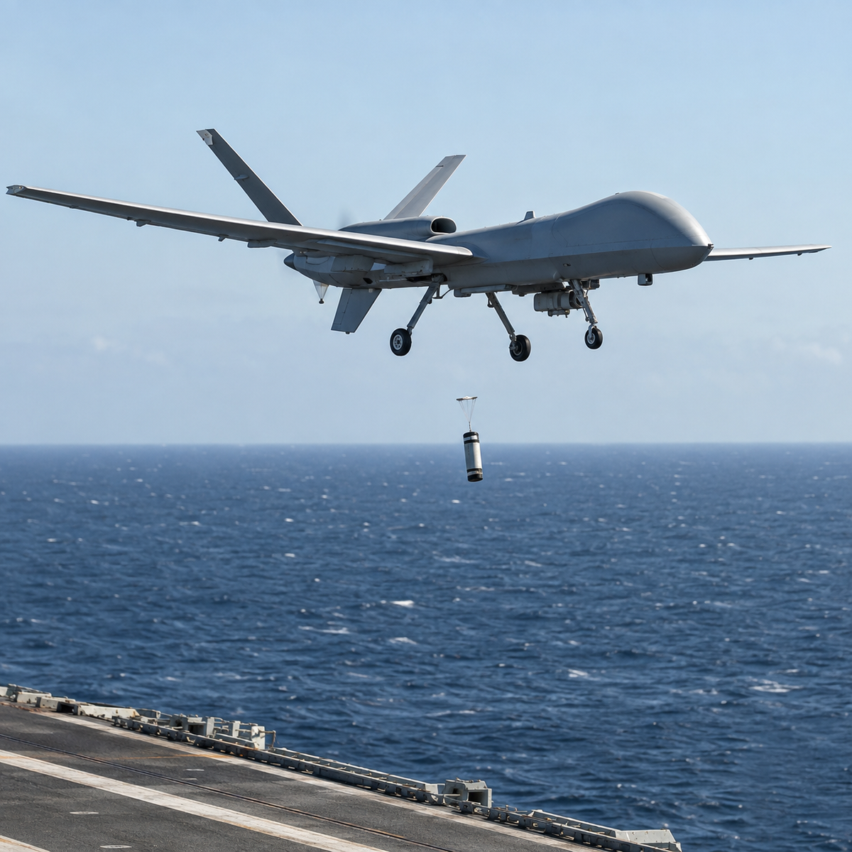 Carrier-based fixed-wing drone conducting a maritime sensor deployment trial