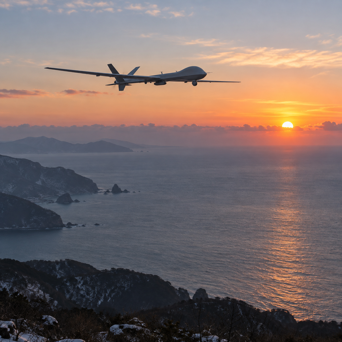 High-altitude long-endurance surveillance drone silhouette above the Sea of Japan at sunrise