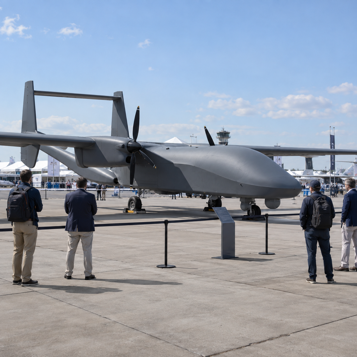 Large twin-boom unmanned aircraft displayed at an aerospace exhibition with engineers nearby