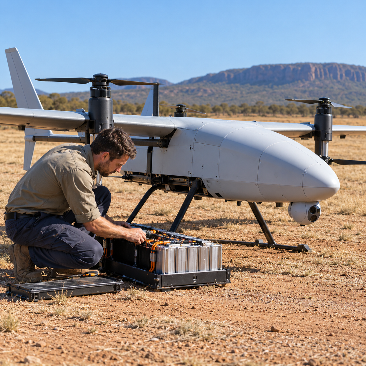 Pegasus research drone and battery engineers at a Queensland endurance test field