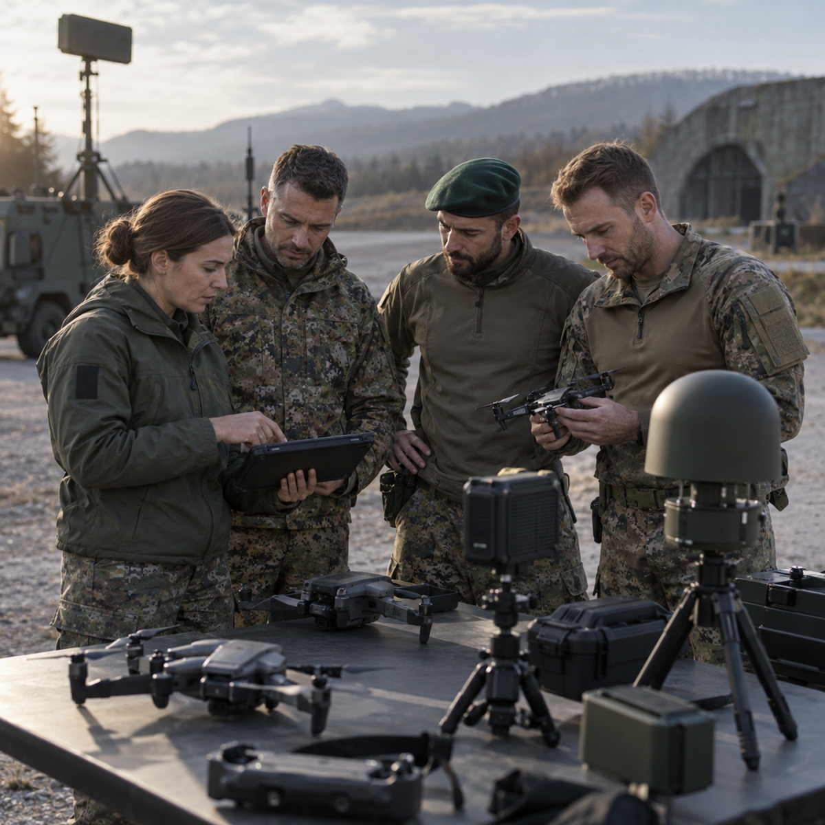 European defence engineers reviewing drone and counter-drone systems on a test range