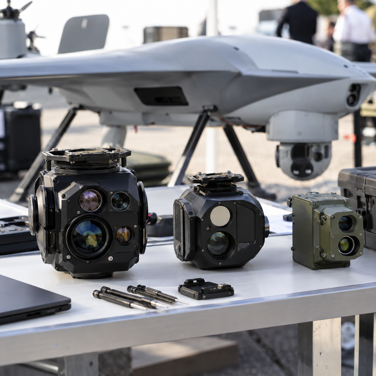 Compact stabilized EO and thermal camera payloads being prepared for an enterprise drone demonstration