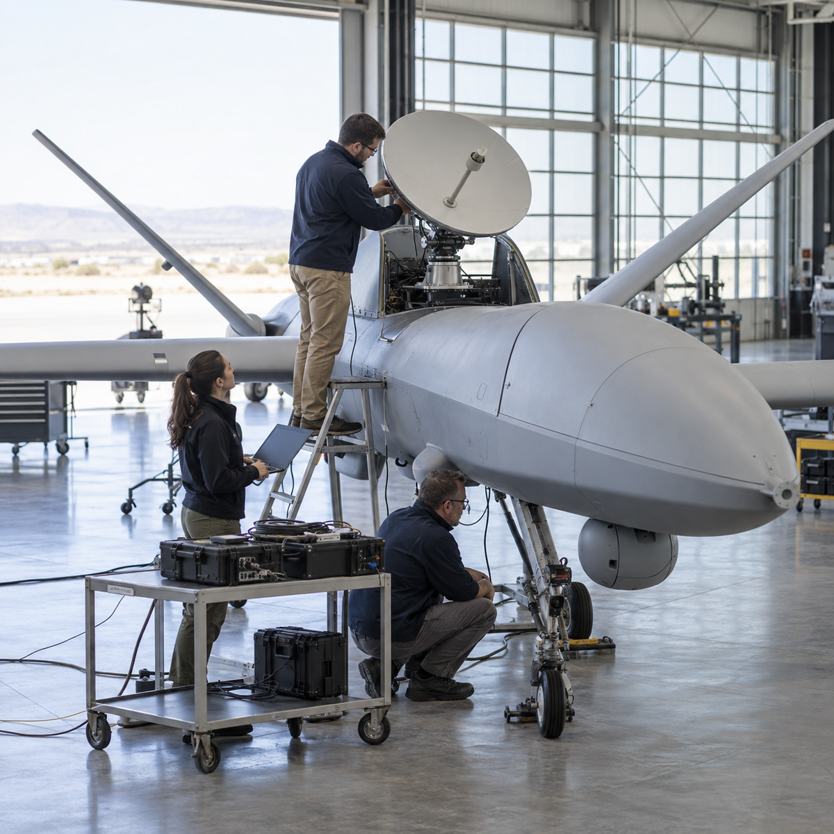 Business and engineering teams reviewing a modular commercial drone platform in a manufacturing facility