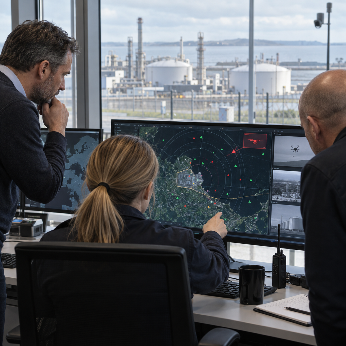Critical infrastructure security planners reviewing drone detection coverage around a European energy facility