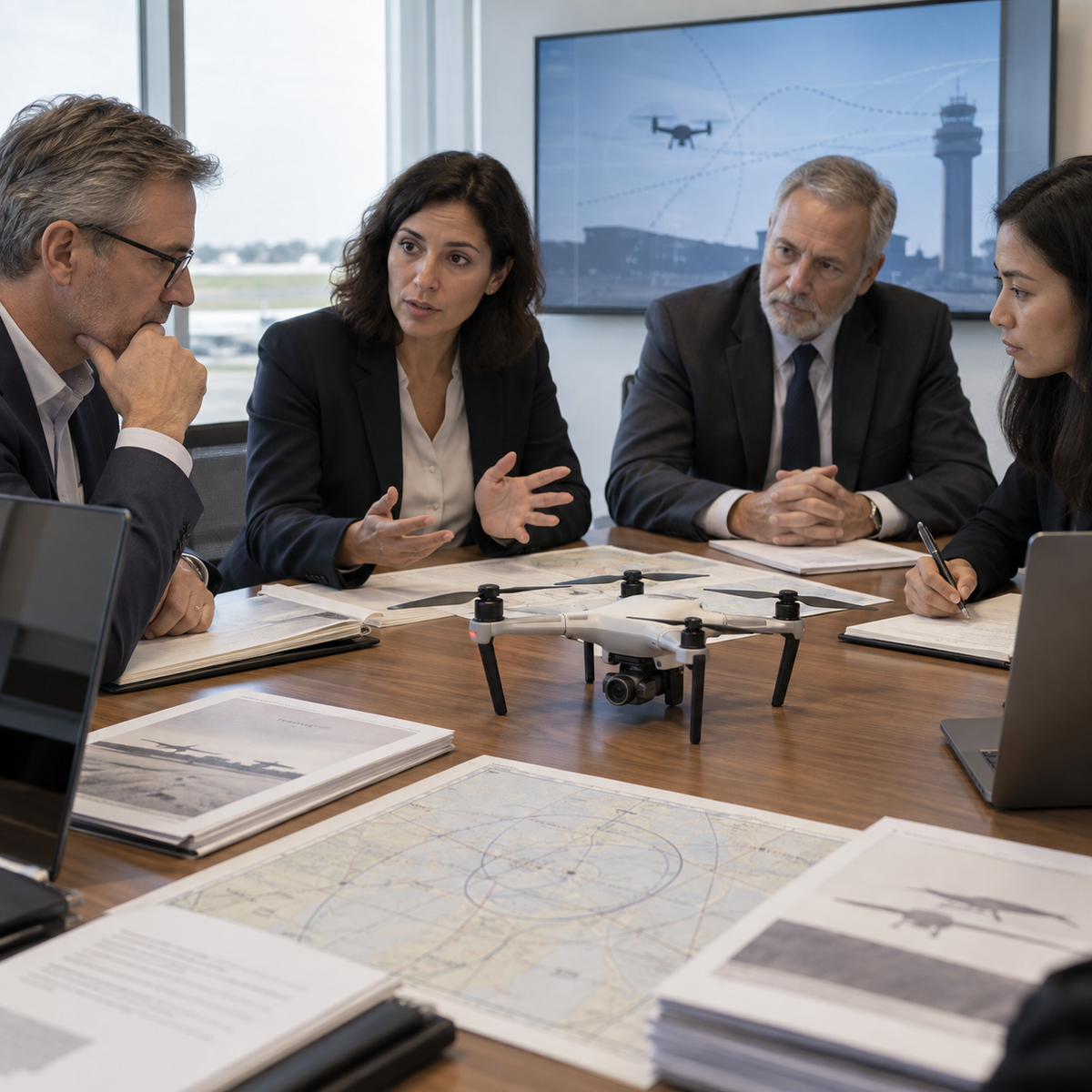 Aviation regulators reviewing a proposed unmanned-aircraft operating framework with a small training drone on a table
