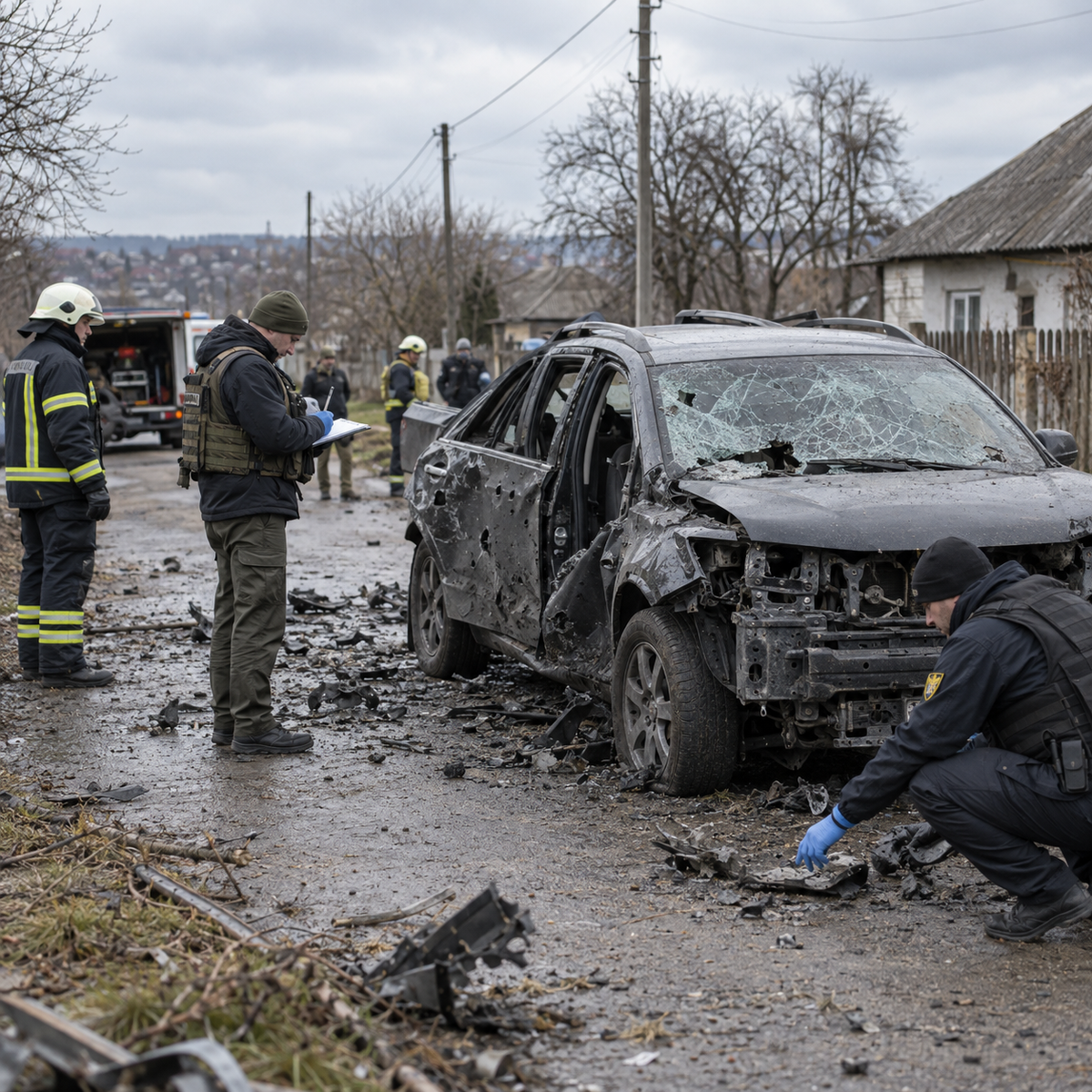 Emergency responders inspecting a damaged civilian road vehicle near a Ukrainian town after a drone incident
