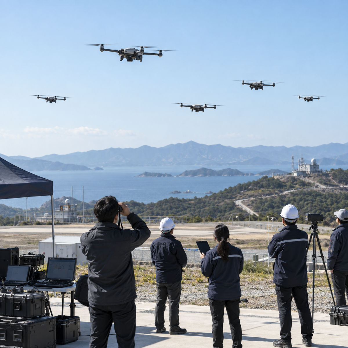 A coordinated group of small unmanned aircraft flying over a South Korean defense technology demonstration range