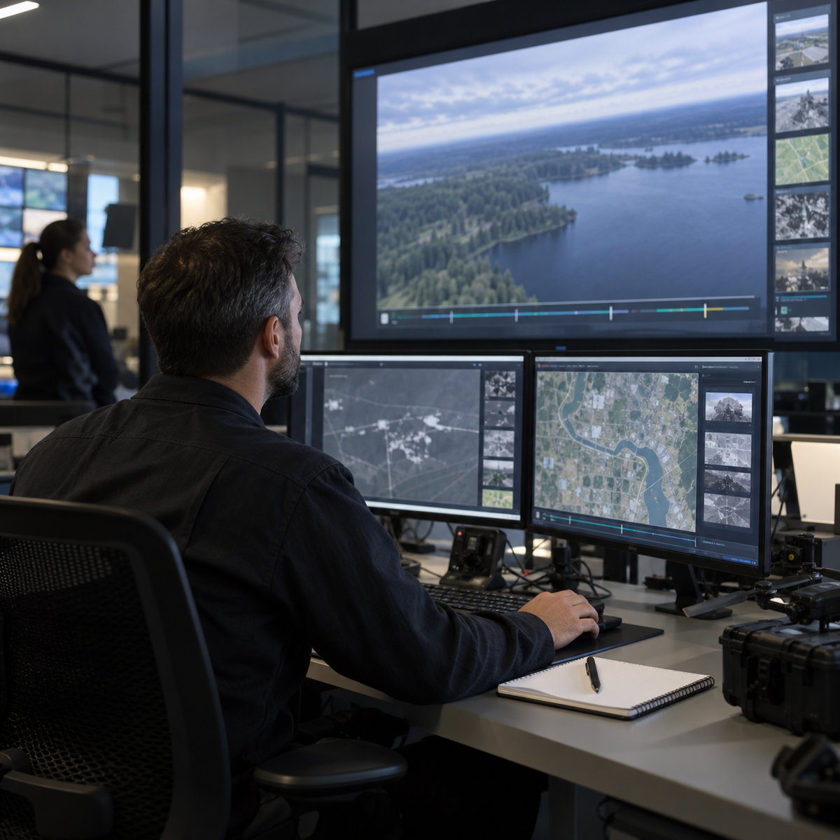 Drone operations team reviewing a live aerial video feed on multiple monitors in a control room