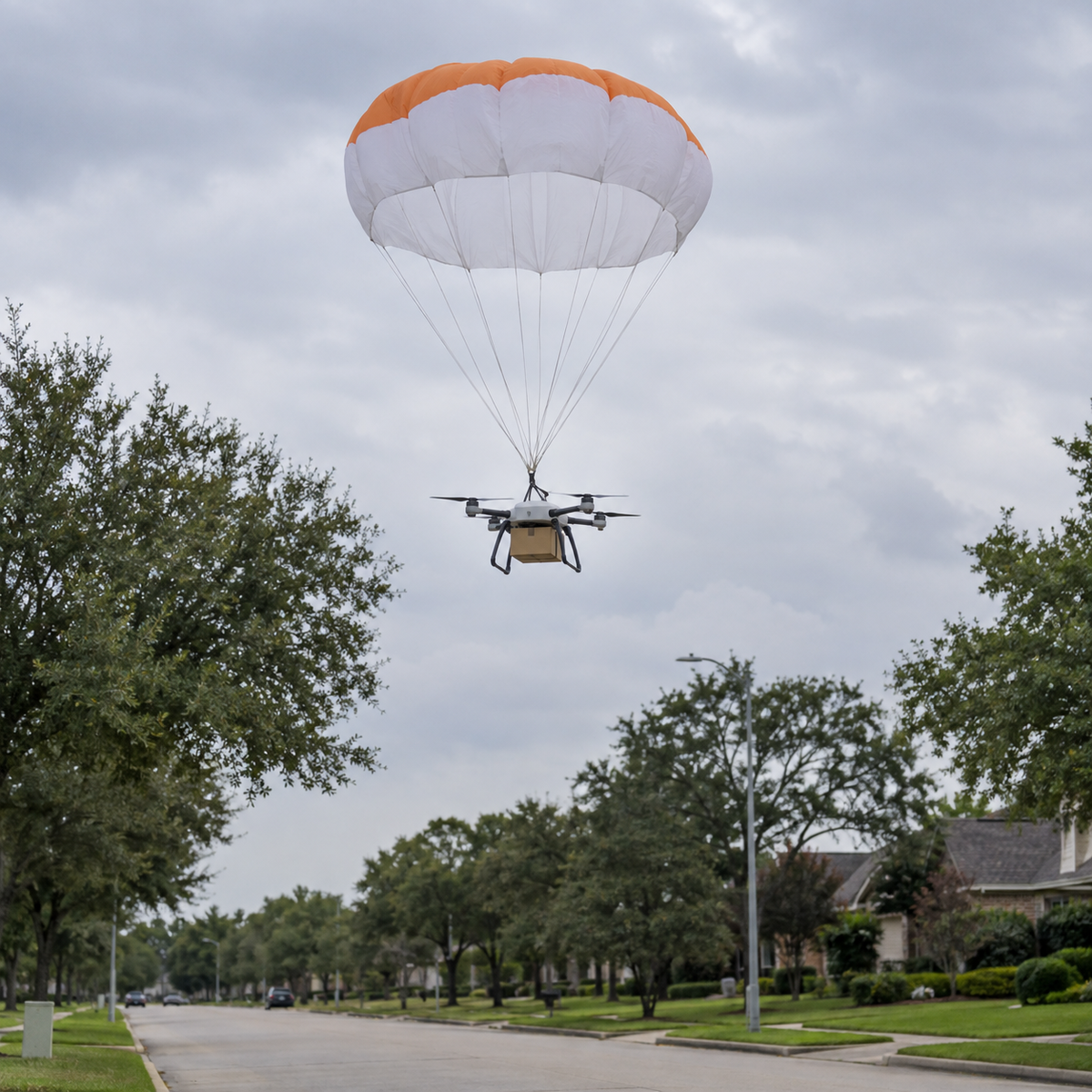 Delivery drone descending under a safety parachute over a suburban road during an emergency landing