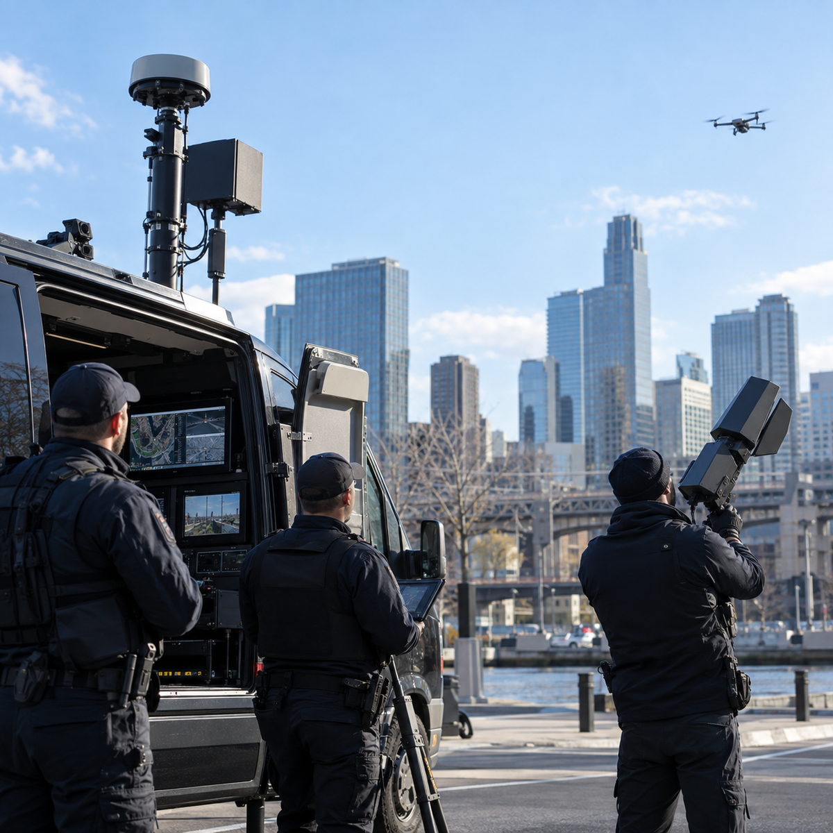 Mobile counter-drone team preparing sensors and command equipment near an urban test area