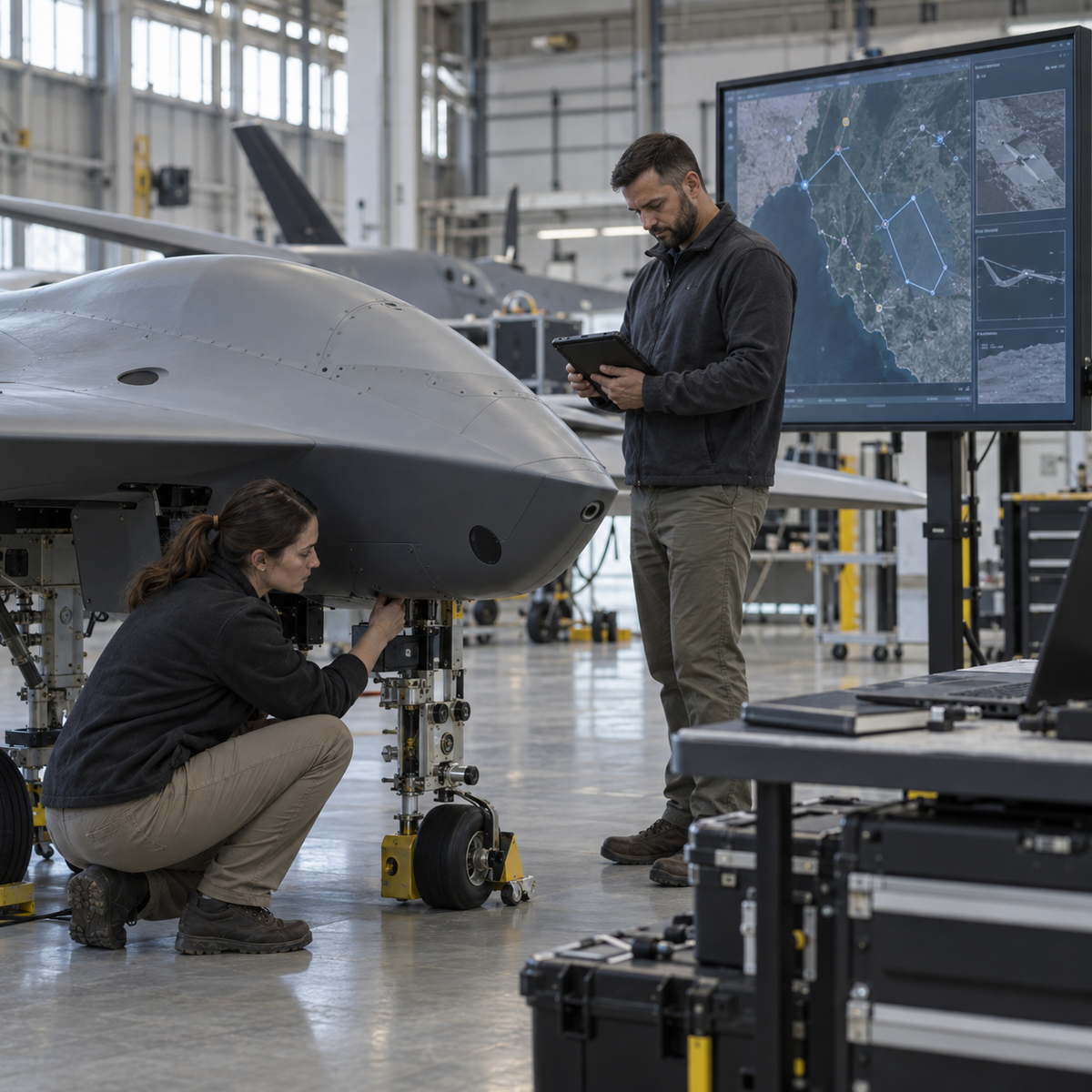 Air Force engineers examining a generic autonomous aircraft prototype beside a digital mission planning display