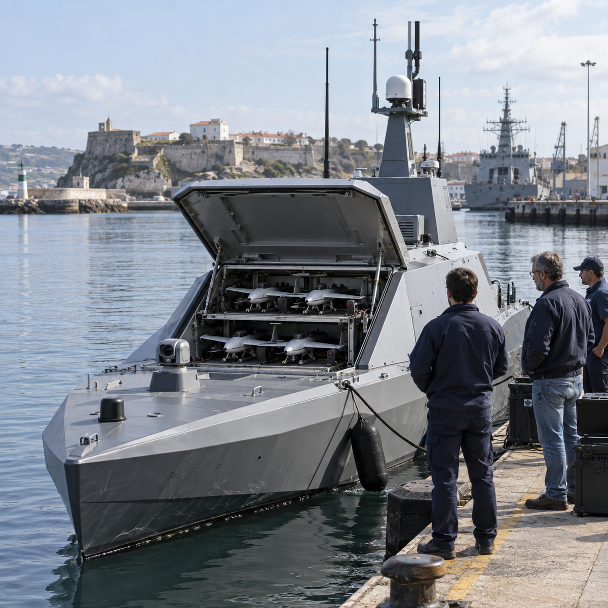 Unmanned surface vessel carrying compact reconnaissance drones during a controlled maritime technology demonstration