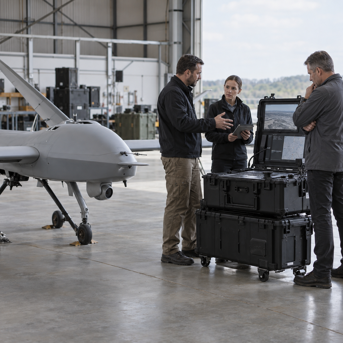 Defense technology representatives discussing a generic unmanned aircraft system beside a transportable ground control station