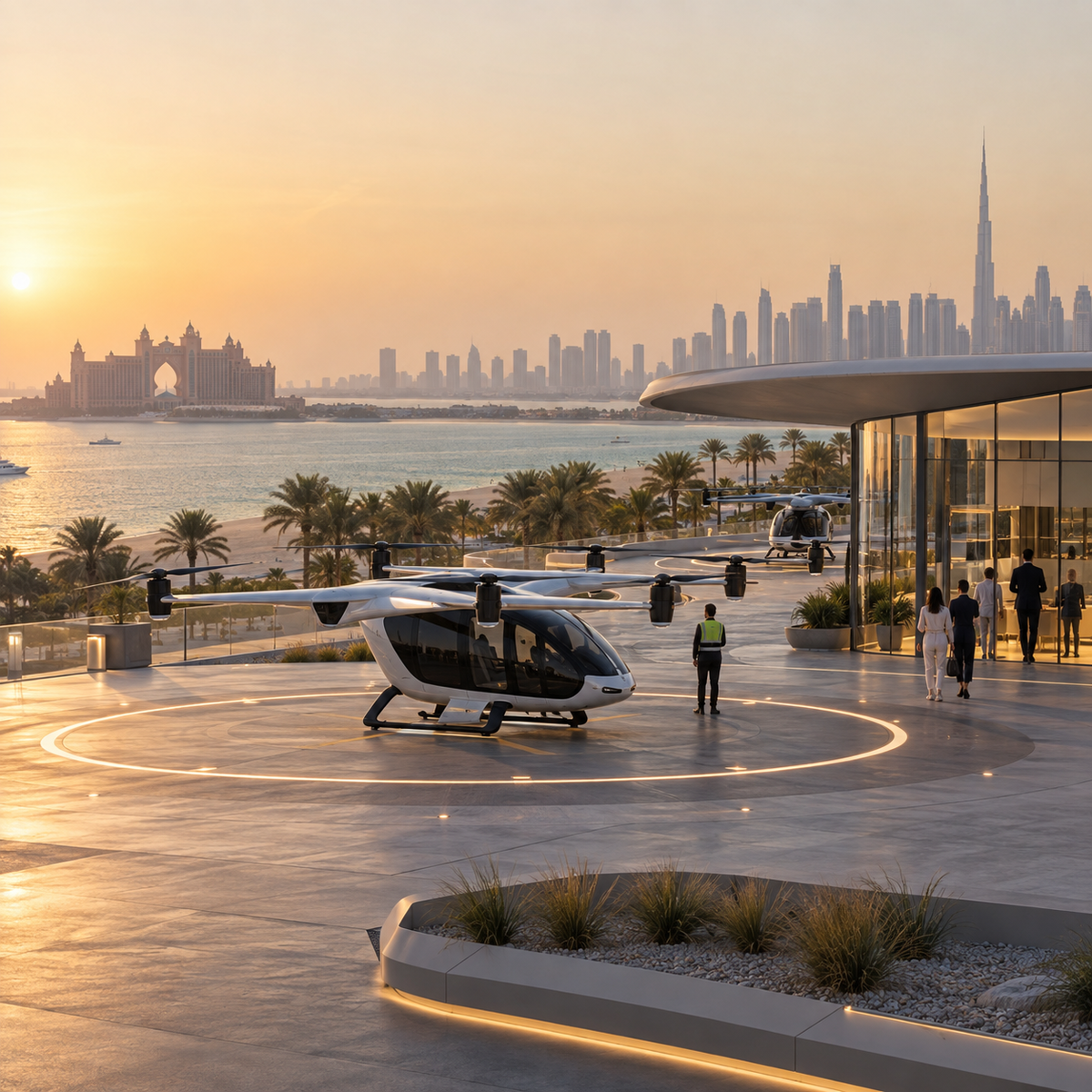 Advanced air mobility vertiport concept near a UAE coastal tourism district