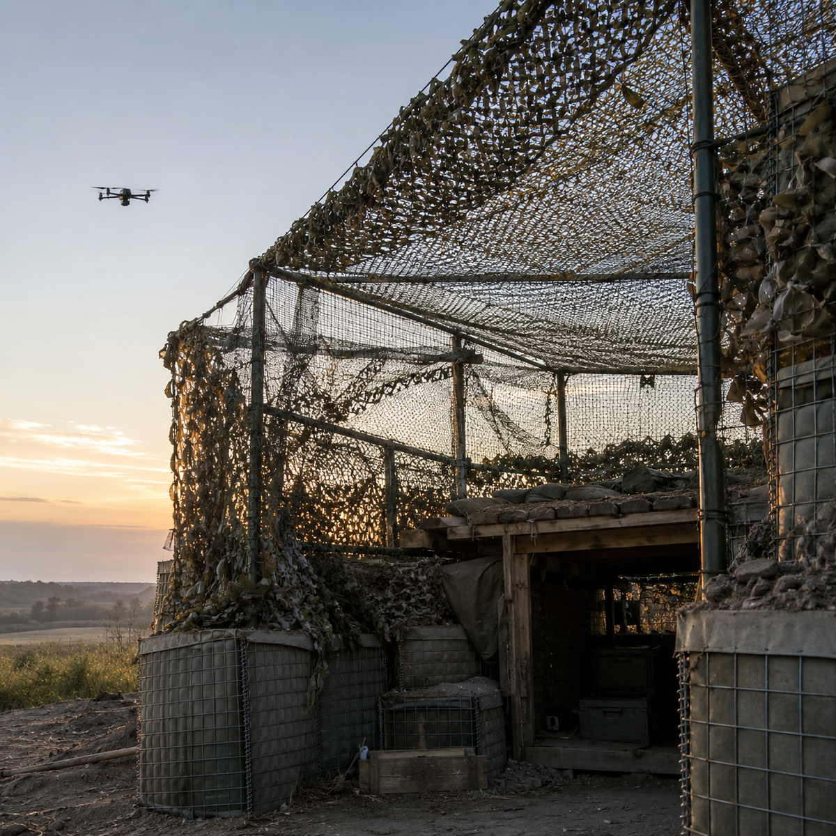 Camouflaged multi-layer protective mesh over a forward military structure