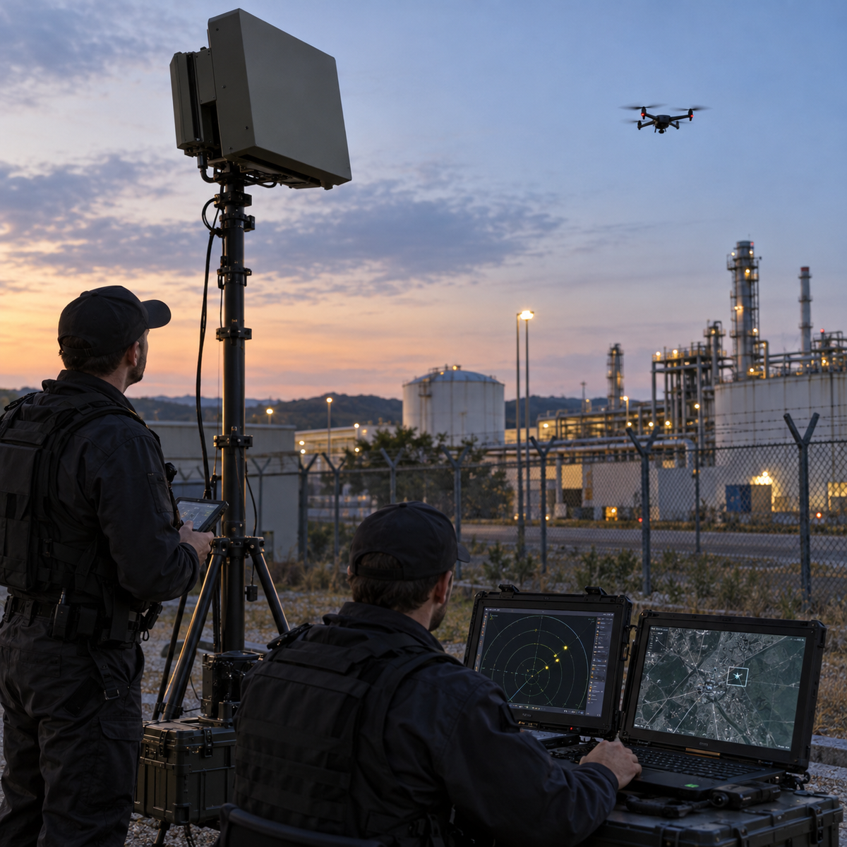 Compact counter-drone radar mounted on a portable mast while security technicians monitor a low-altitude drone track