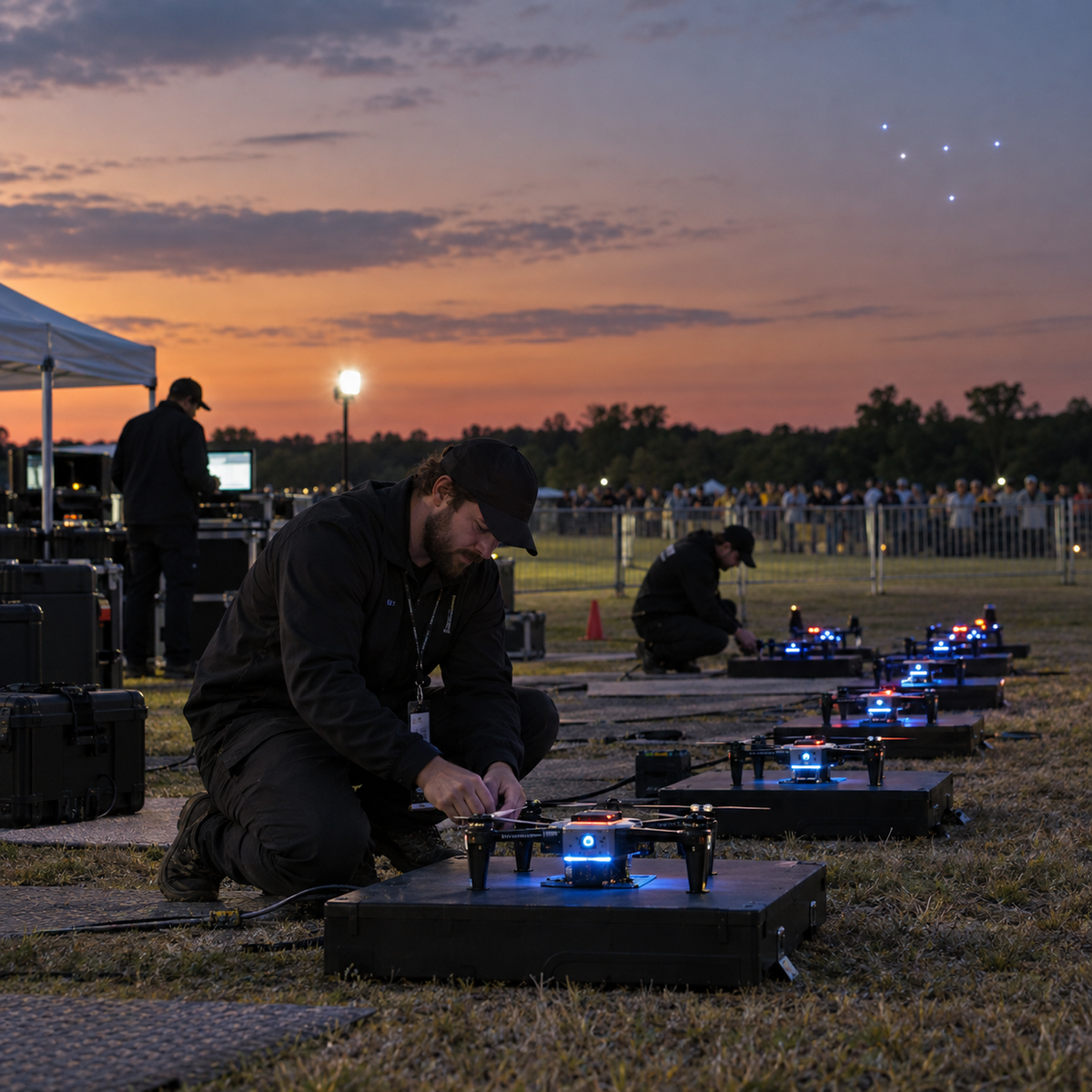 Coordinated drone light show fleet preparing for launch beside a fenced event field at dusk