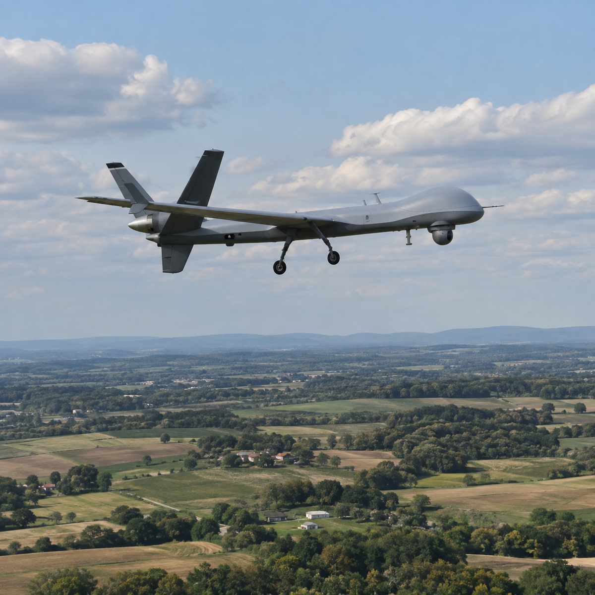 Autonomy-equipped uncrewed aircraft flying over a rural American landscape during a technology demonstration