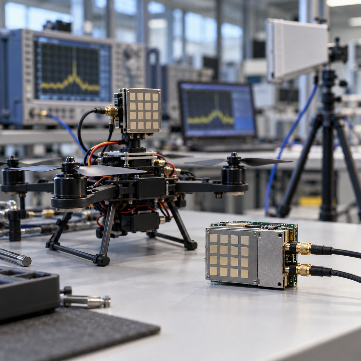 Compact mmWave radio module and drone communications test equipment on an engineering workbench