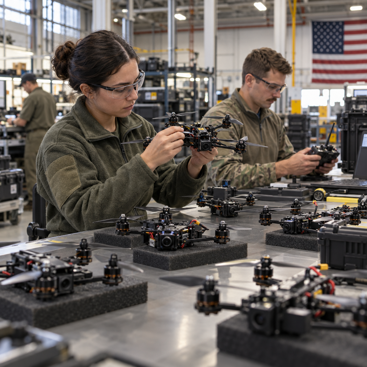 Technicians inspecting compact FPV drone airframes in a defense production facility
