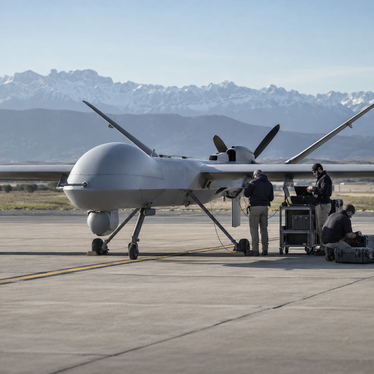 Long-endurance fixed-wing UAS on a runway while an engineering team prepares a mission