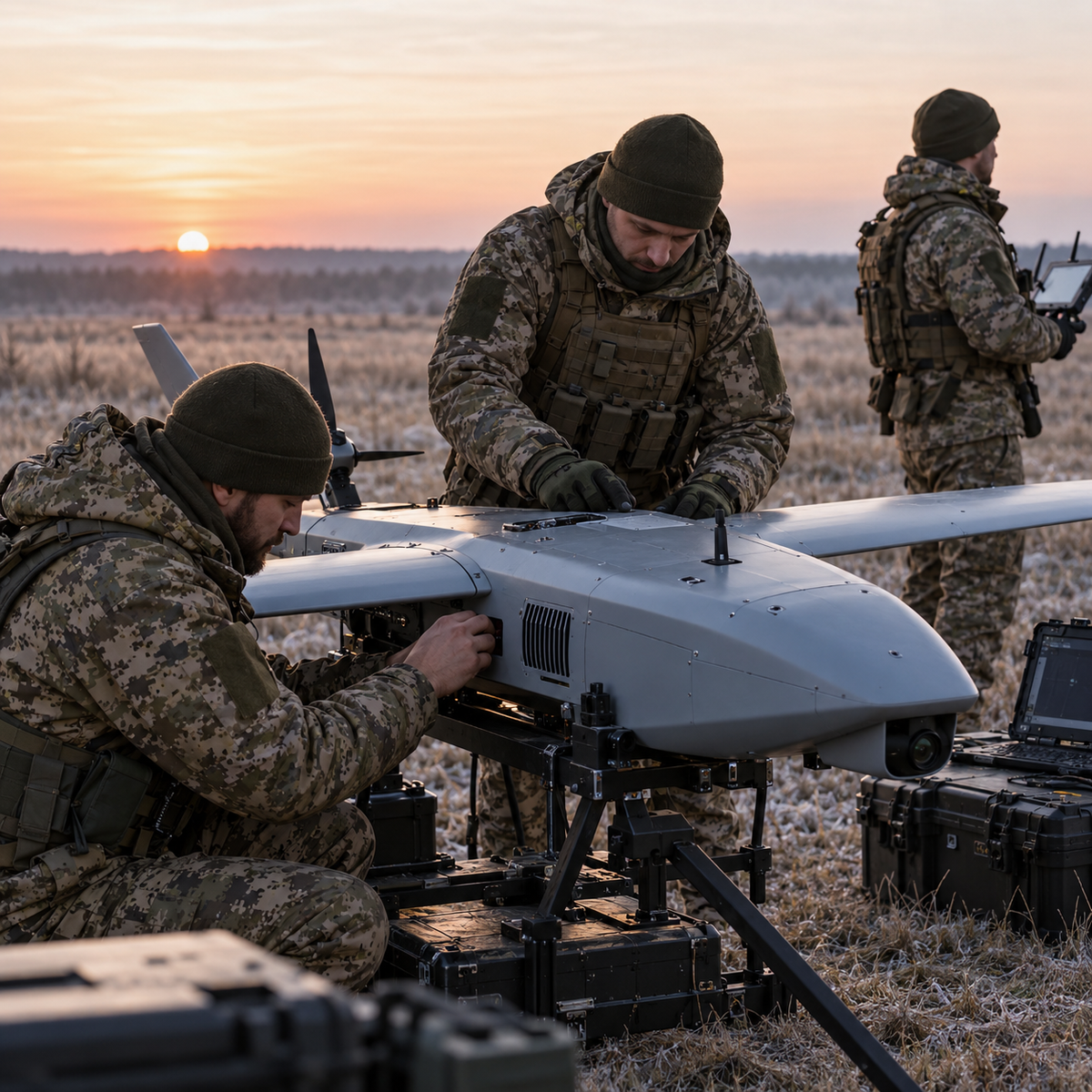 Ukrainian air defense team inspecting a fixed-wing interceptor drone on a training range