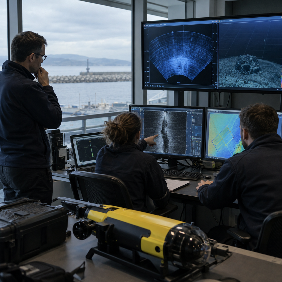 Unmanned underwater vehicle support team monitoring a maritime mission from a coastal operations room