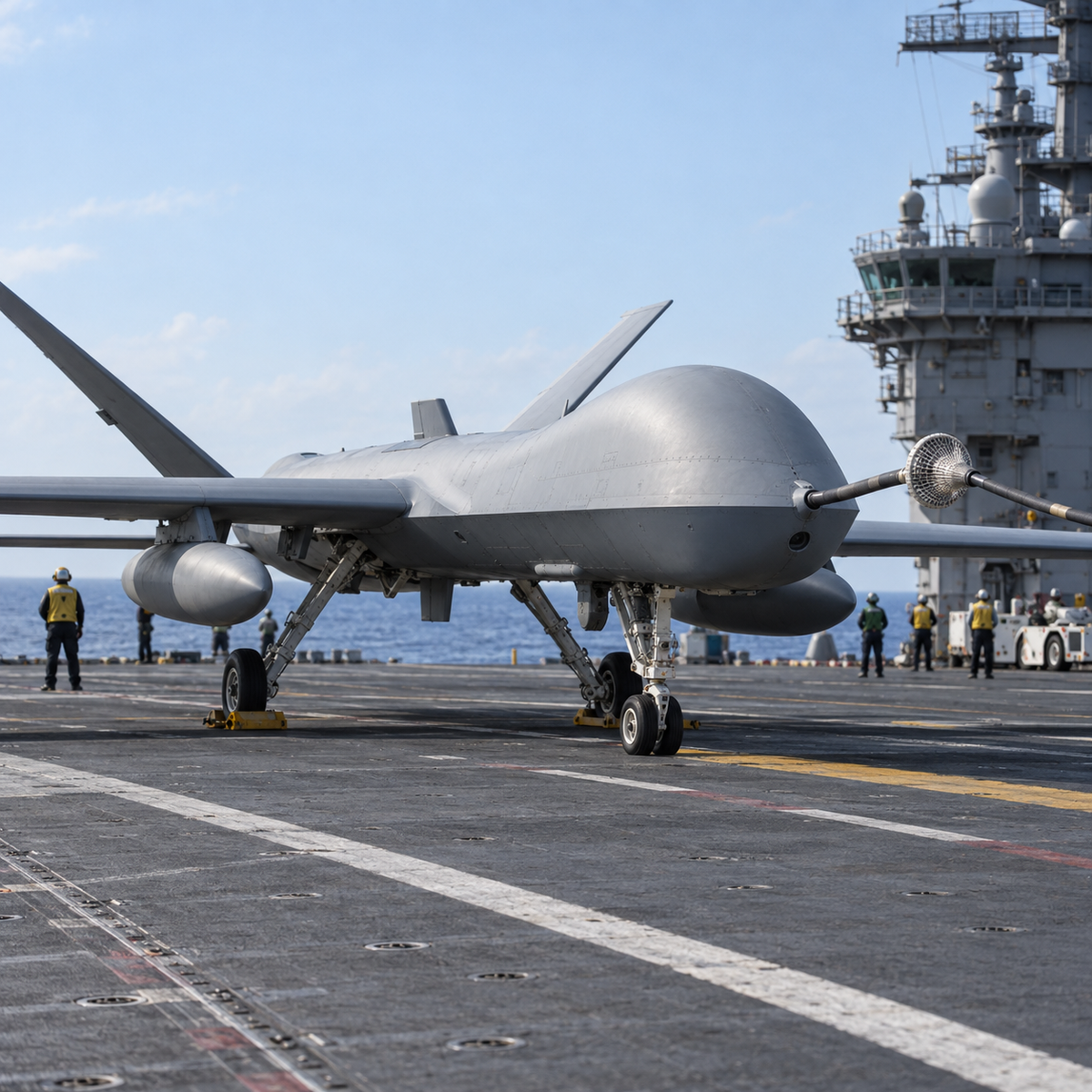 Unmanned carrier-based tanker aircraft positioned on an aircraft carrier deck during a daylight test operation