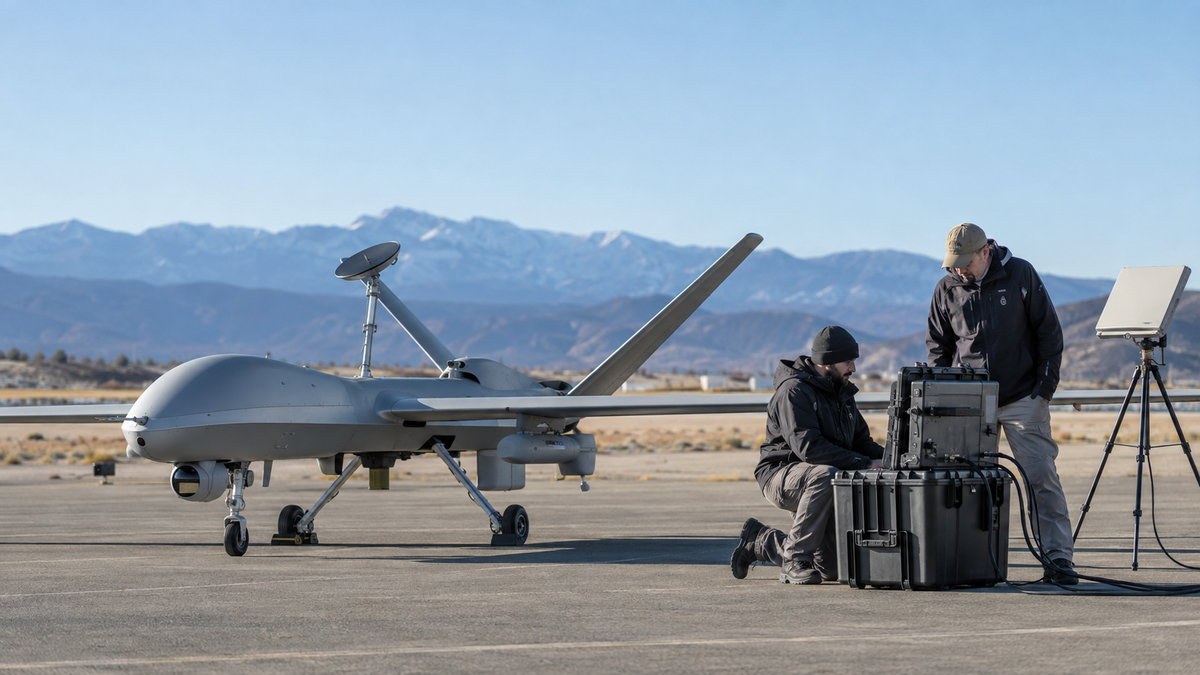 A fixed-wing VTOL drone preparing for a vertiport demonstration beside aviation operations equipment