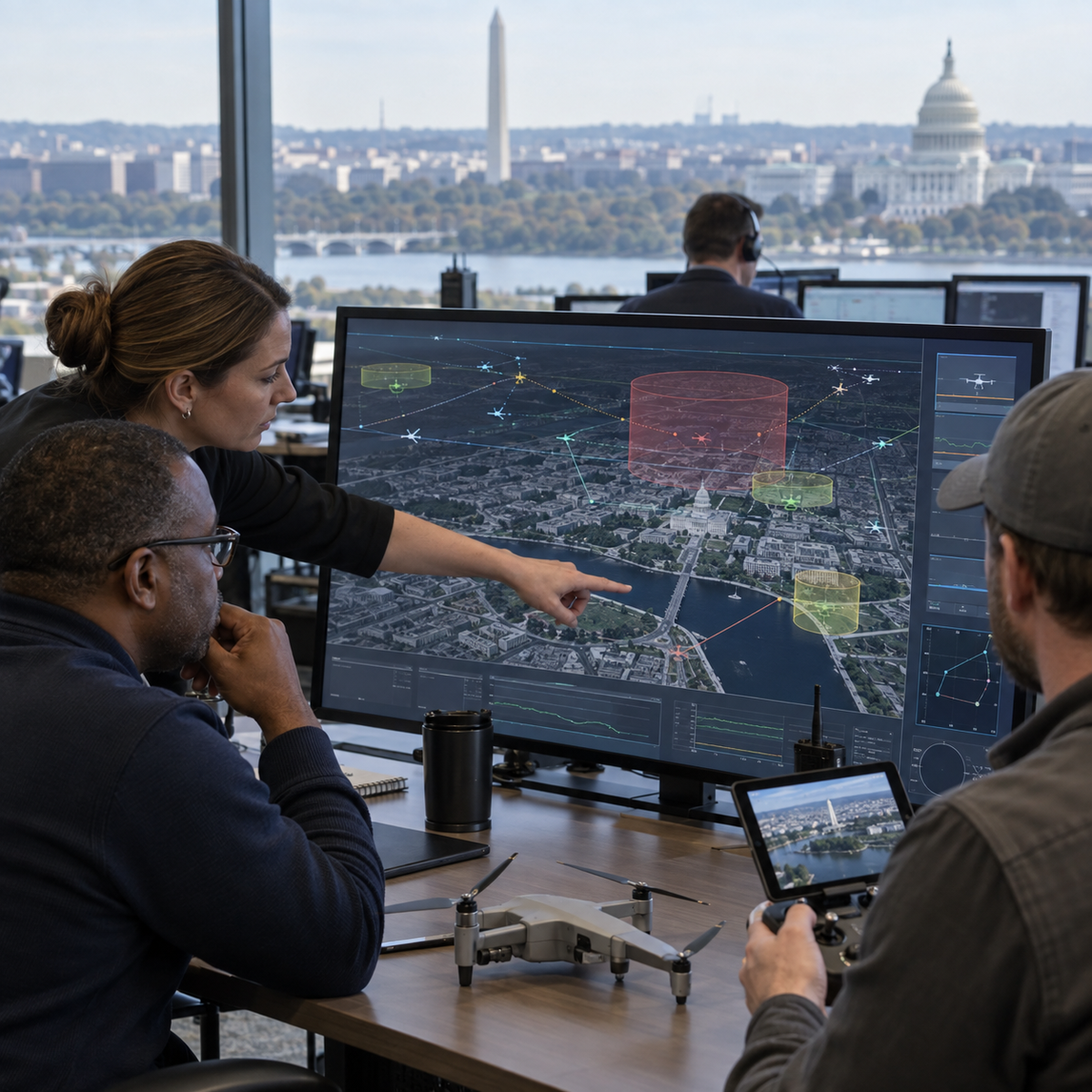 Air traffic and drone operations specialists reviewing a predictive airspace management display beside a small quadcopter