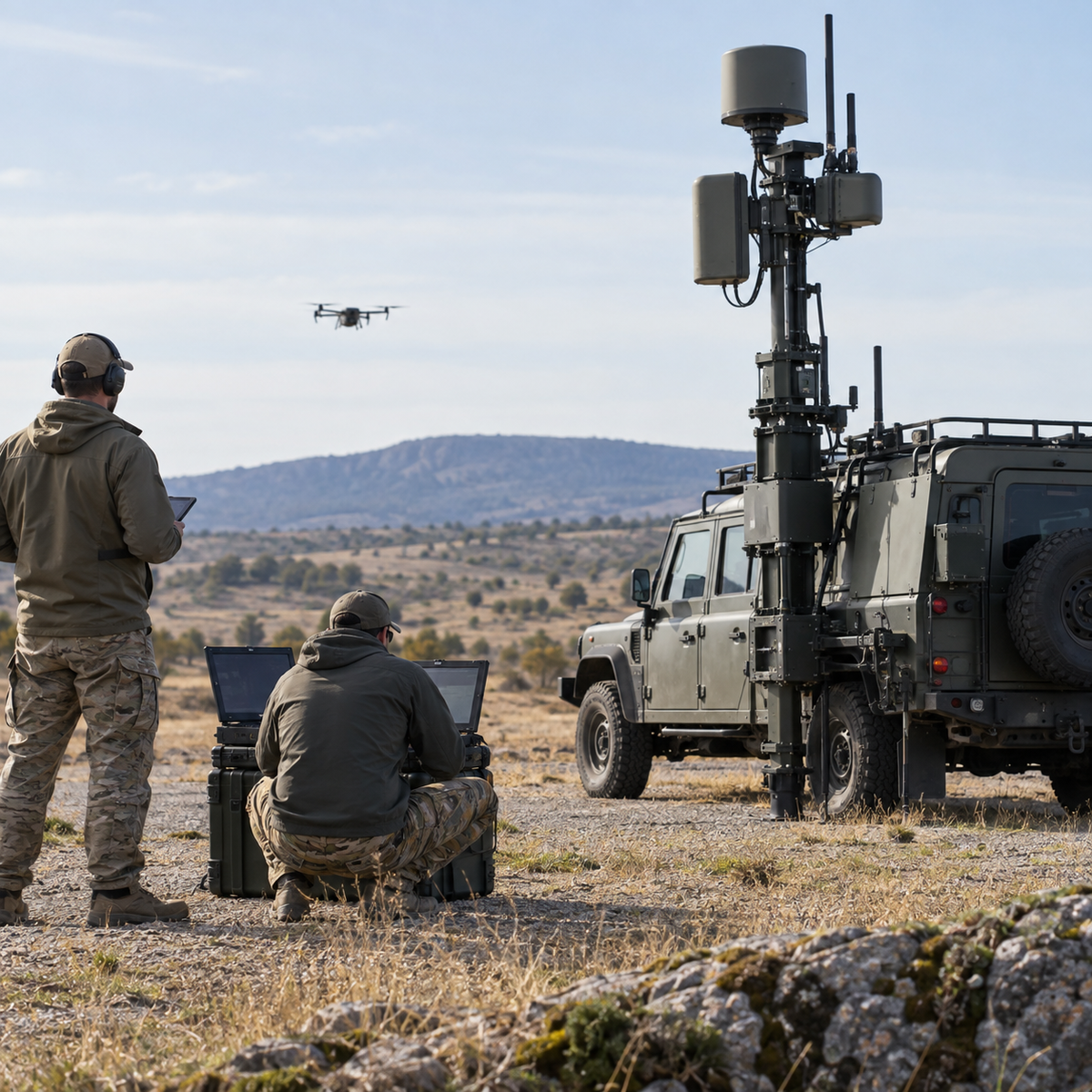 Vehicle-mounted counter-drone sensor system being tested beside a military utility vehicle in an open training area