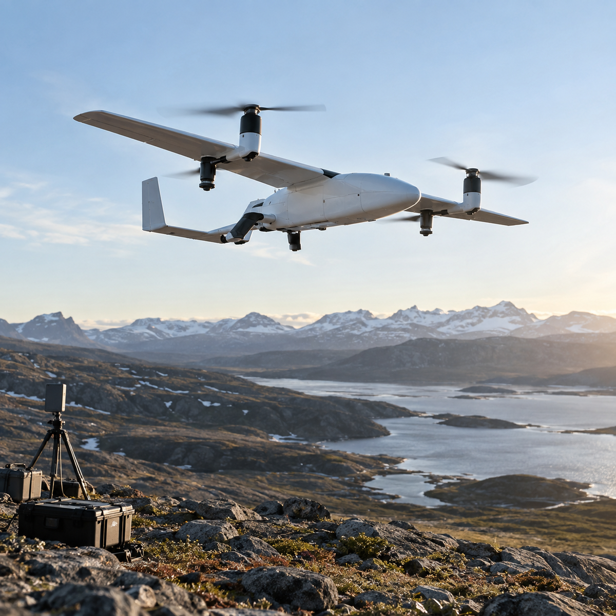 Electric fixed-wing VTOL drone concept transitioning above a remote survey site